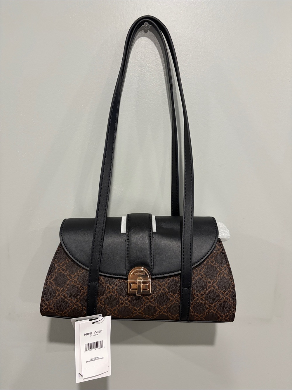 Nine West Black Trim Brown Logo Shoulder Bag with Gold Tone Lock